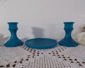 Blue Glass Unity Wedding Candle Holder Set Beach Cottage Coastal Seaside California Nautical Tropical Island Home Decor Pillar Taper Gift