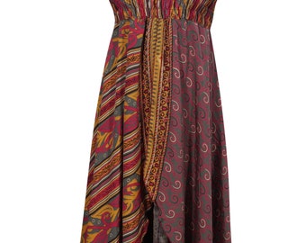 Womens Summer Halter Dress Recycled Silk Sari Vintage Two Layer Boho Style Gypsy Sexy Dresses