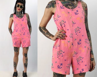 80's Pink Beach Theme Romper Cotton Playsuit Shorts Medium - Vintage Nautical Printed Soft Summer Romper Jumper VTG One Piece Shorts Suit