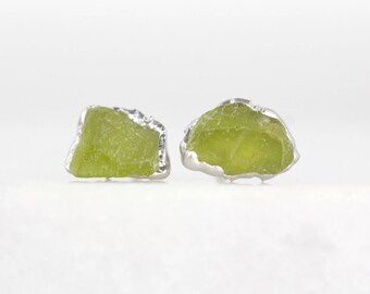 green peridot studs | raw peridot earrings | august birthstone studs | raw crystal earrings | natural peridot earrings | green stone studs