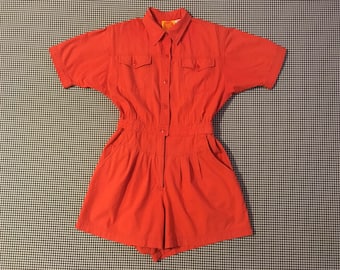 1980's, cotton, shorts romper, in salmon-terracotta, Women's size Large