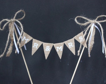 Wedding cake topper, Mr & Mrs cake topper, hessian cake bunting with white letters, cake banner, cake flags, cake decoration
