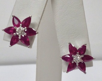 Natural Ruby with Natural Diamond Cluster Earrings Solid 14kt White Gold
