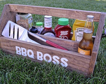 BBQ Grilling Caddy with Bottle Opener | Wood Beer Carrier | Wood Wine Caddy | Rustic Beer Caddy | Groomsman Gift | Rustic Barbecue Caddy