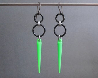 Neon Jewelry, Neon Green Earrings, Hypoallergenic, Bright Green Earrings, Long Dangle Earrings, Green and Black Earrings, Spike Earrings
