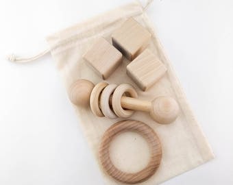 Wood Baby Toys Set | Wood Rattle | Wood Teething Ring | Wood Baby Blocks | New Baby Gift | Baby Shower Gift | Organic Baby Gift