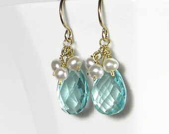 Aquamarine Drop Earrings Blue Drop Earrings Blue Quartz Earrings Aquamarine Earrings with Pearls in Gold