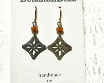 green glass earrings, Art Nouveau brass drops, Czech glass and brass earrings, vintaj brass earrings
