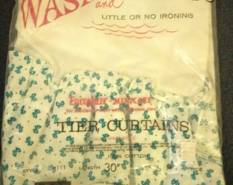 Grant Crest Wash and Hang Tier Curtains In Original Packaging, Grants Own Brand, Style 111, White with Bright Blue Bows, Children's Room