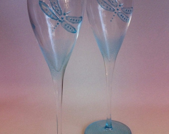 Hand painted Pair of Blue Dragonfly Champagne flutes.