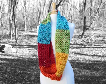 Rainbow knit scarf, Crochet infinity scarf, Knit scarf for her, Crochet cowl scarf, Circle scarf, Womens scarf, mothers day