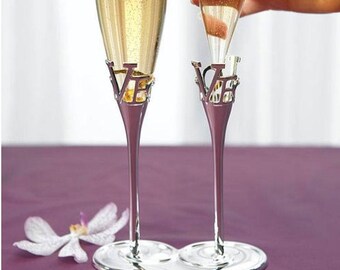 Love Wedding Flutes - Silver Glass Champagne Toasting Glasses with Stand for Bride Groom Couple - Can Be Personalized Engraved - MW14470