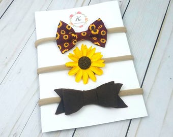 Sunflower headband set - nylon headband set - flower headbands - fall headband set - fall hair bows - felt bows - sunflower headband - bows