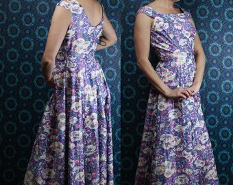 40's 50's Floral Maxi Dress, Fitted Bodice Full Skirt Garden Dress, Size Small