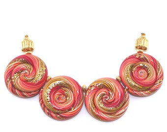 Polymer Clay beads with unique stripes in red, orange and gold, elegant big gradient spiral beads, set of 4 Ombre beads for Jewelry making
