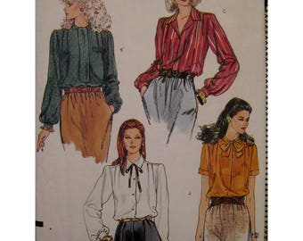 Tie Neck Blouse, Shirt, Shoulder Pleats, Button Front, Long/Short Sleeves, Cuffs, 70s, Vogue No. 8112 UNCUT Size 10 Bust 32.5" 83cm