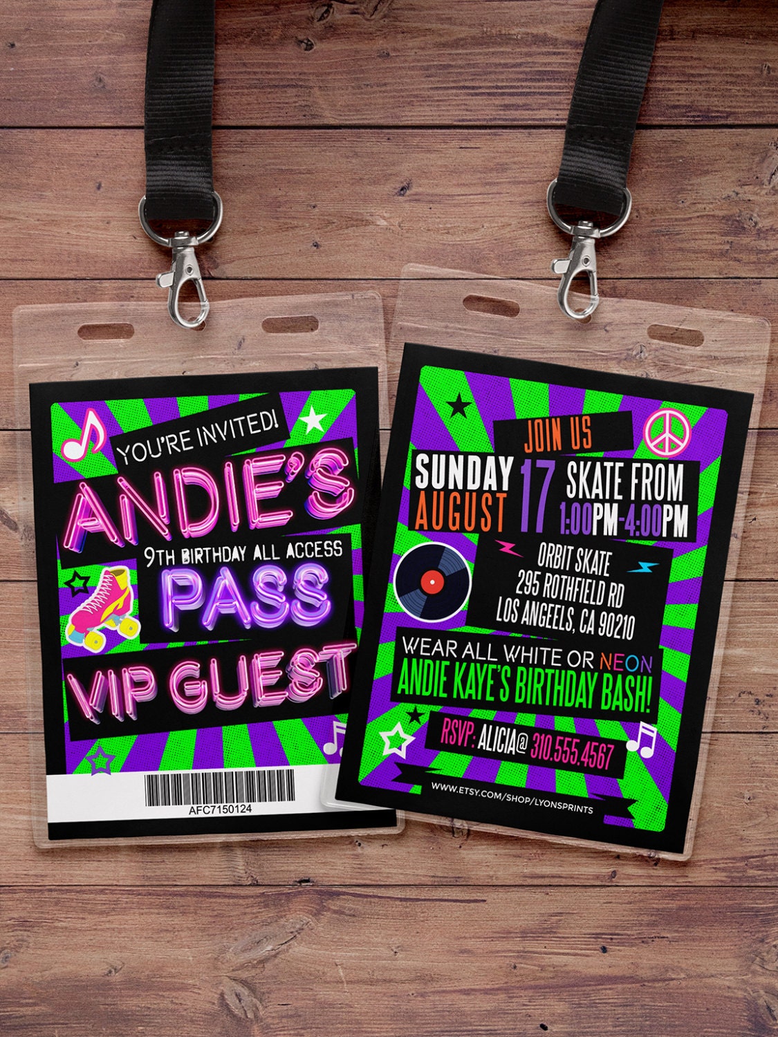 Retro, neon, VIP PASS, backstage pass, Vip invitation, birthday ...