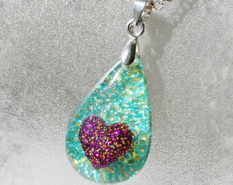 Teardrop Resin Pendant with glitter heart , Resin Jewelry , Resin glitter Jewelry Heart Pendant