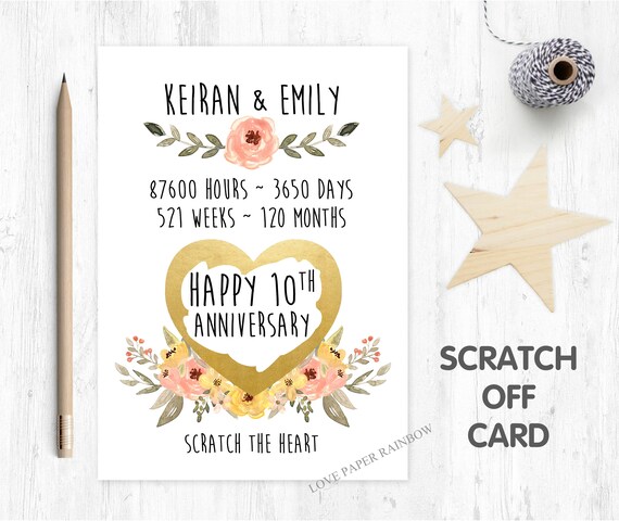 10th anniversary card 10th wedding anniversary card personalised anniversary card 10th anniversary scratch card love paper rainbow