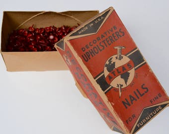 vintage upholstery tacks / decorative nails: box of red and black nailhead trim, 475 tacks, Atlas brand