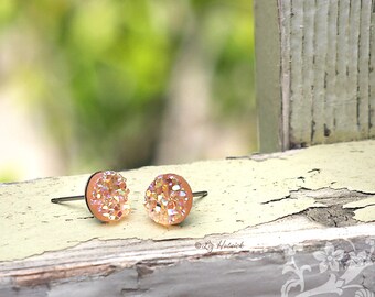 Peach Glitter Studs Faux Druzy Stainless Steel Post Earrings, 8mm Faux Drusy