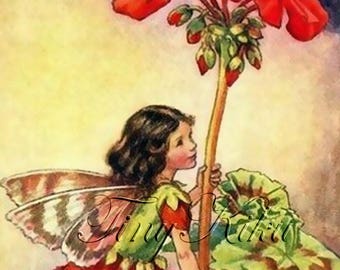 GERANIUM FAIRY, Vintage - Cicely Mary Barker. Art Print, Fabric Block, Heat Transfer or Waterslide Decal. Size Options.