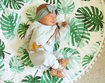 Baby Play Mat - MADE TO ORDER - Monstera Leaves / Palm Round Fringe Play Mat / Nap Mat / Padded Playmat / Tummy Time Mat / Baby Activity Mat