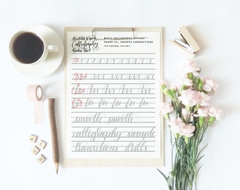 Calligraphy practice sheets, learn calligraphy drills, printable calligraphy practice worksheet, Printable Wisdom calligraphy connections