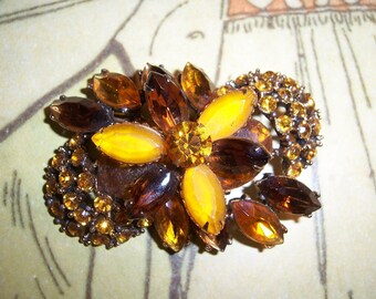 Vintage Amber Citrine Rhinestone Brooch Pin