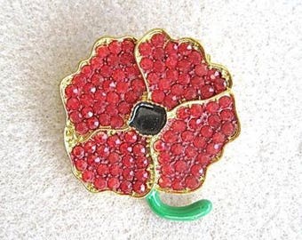 Stunning Red Crystal, Black & Green Enamel Poppy Brooch