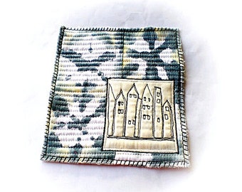Fabric collage,shibori urban scape landscape fiber art, fiber postcard, miniature art quilt modern home decorecor