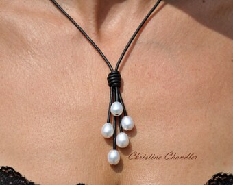 Pearl and Leather Lariat - Freshwater Pearl Necklace - Leather Necklace - Pearl and Leather Jewelry - Christine Chandler - Leather and Pearl