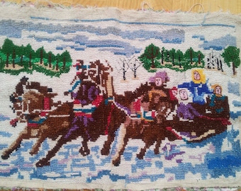 Embroidery Three horses. Handicraft. Old picture 1960. Soviet embroidered