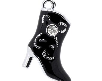 1 charm boot black enamel + rhinestones 21 x 15 mm