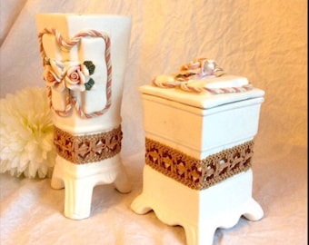 Vintage Italian Adeline bisque porcelain matching vase and lidded box.