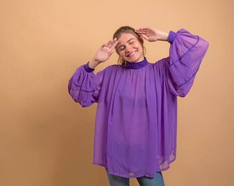 Oversized Sheer Blouse / Poet Sleeve Blouse / Vintage 70s Blouse / Mod Top Δ fits sizes: S/M/L