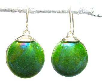 Green glass earrings with silver