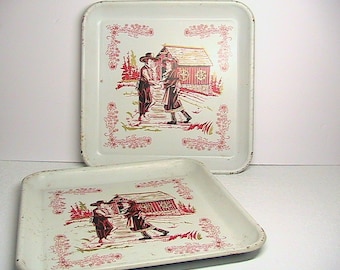 Trays, Vintage Metal Trays, Set of 2 Metal Trays, Red White Trays