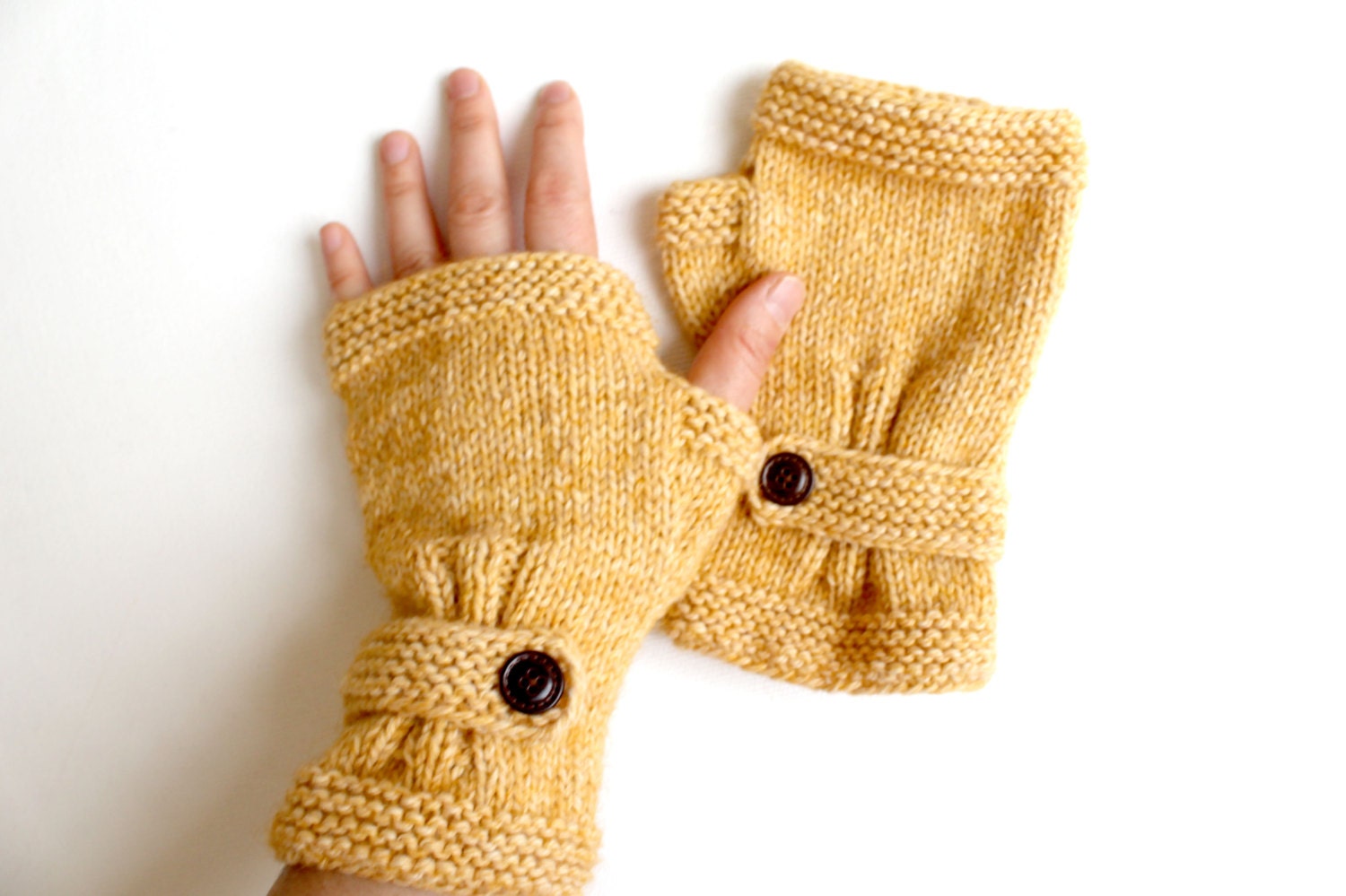 Mustard Yellow/ Hand Knit Fingerless Gloves. Medium size fits