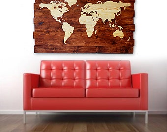 Extra Rustic Stained Wood World Map Wall Art 50