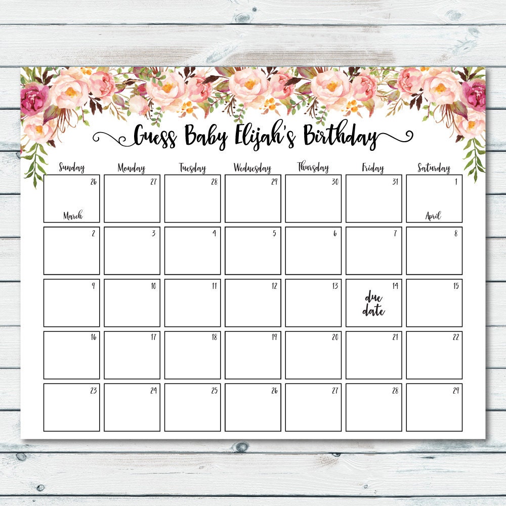 Floral Baby Due Date Prediction Calendar Printable Boho Baby