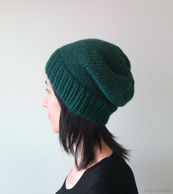 Dark Green Slouchy Hat Hand Knit Chunky Slouch Hat Women