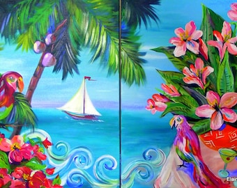 Tropical Dyptic Large Original Acrylic Painting 30 x 48 Art by Elaine Cory