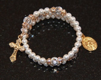 Baby Catholic Swarovski Crystal and Pearl Rosary Bracelet