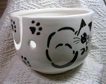Siamese Stencil Cats On Yarn Bowl Handmade Original Earthenware Clay by Grace M Smith