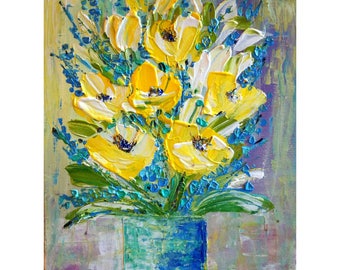 Yellow Flowers Bouquet Spring Bouquet Impasto Oil on Canvas by Luiza Vizoli
