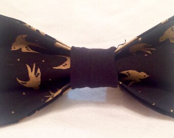 Black bow tie with gold sparrows