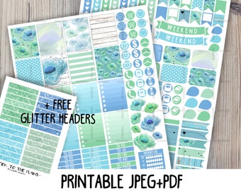 Blue floral printable planner stickers for use with Erin Condren LifePlannerTM baby blue mint green watercolor flowers hearts weekly sticker