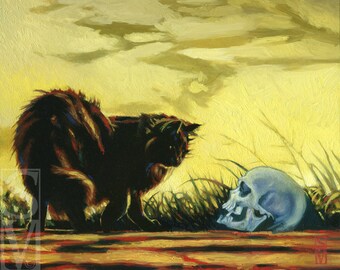 Black Cat and Skull Original Oil Painting by Susan Van Sant 10 x 8 framed black cat skull art