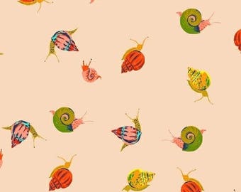 1 Yard SLEEPING PORCH Heather Ross Petite Tiny SNAILS #42209-13 Peach Cotton Lawn Windham Quilting Sewing Children Escargo Nature Fabric